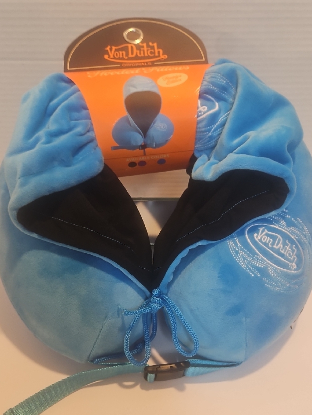 Von Dutch Light Blue Plush Travel Neck Pillow with Black Lining